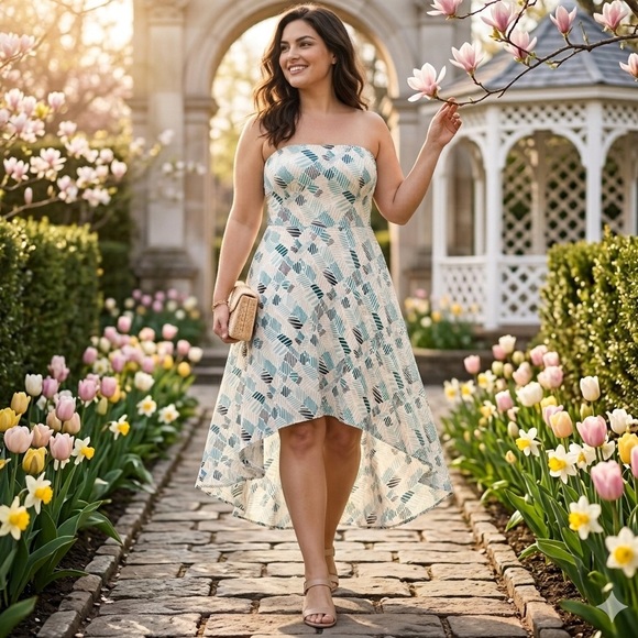 White House Black Market Dresses & Skirts - White House Black Market Geometric Strapless High Low Midi Dress Blue White 12